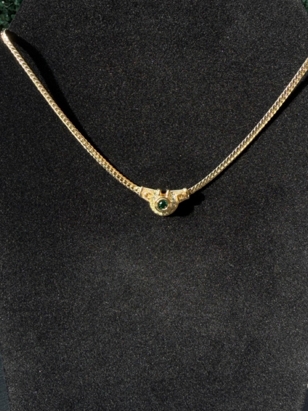 Christian DIOR Rhinestone Necklace Green Gold Plated Flat Herringbone Chain 17” - Picture 11 of 11